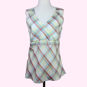 Y2K Vintage Plaid Empire Waist 100% Silk Sleeveless Blouse Medium